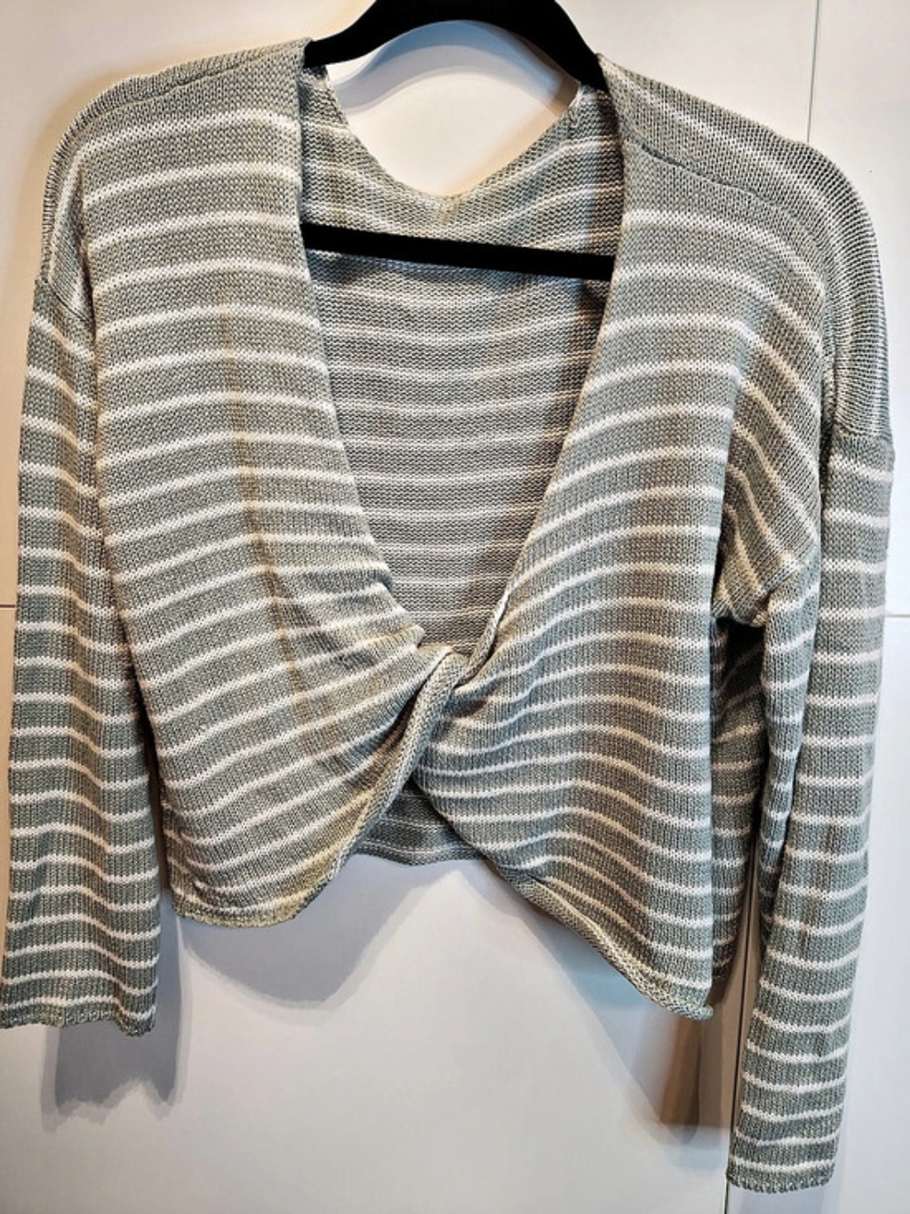 sage green ivory striped open back twist knit sweater